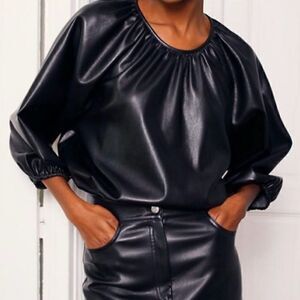 Wilfred Aritzia Bica Black Vegan Leather Blouse Size Medium
